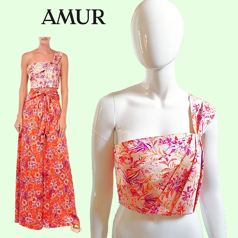 AMUR NWOT Romantic Glam THE MADAME Satin Floral One-Shoulder Crop Top L